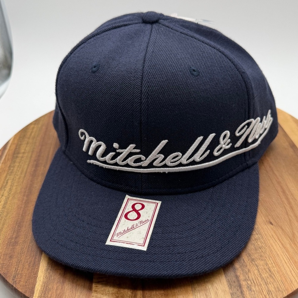 Mitchell & Ness Size 8 Fitted Hat Navy Blue Wool Script Logo Est 1904 Cap 2028